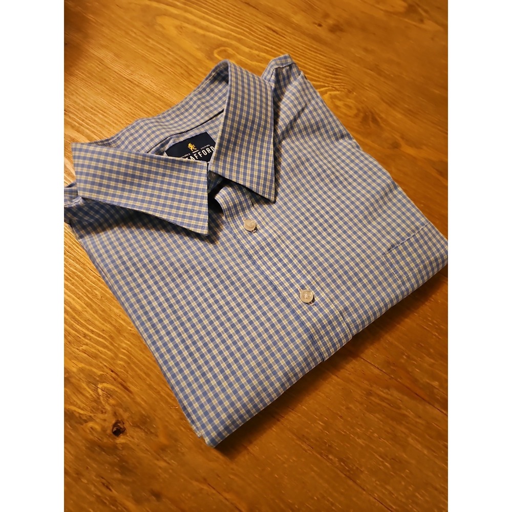 Stafford Shirt Mens Big 18.5 34-35 Blue Plaid Dress Performance Long Sleeve